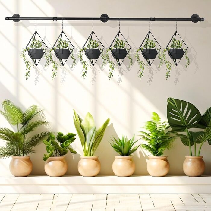 Yawinhe Industrial Pipe Clothes Rails, 180cm Clothes Rack for Wall, Space-Saving Wall Shelf Kitchen Shelf with 3 Bases, for Business, Black, 1-Pack, YMG004