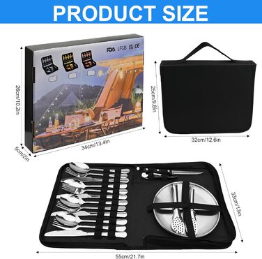 Набір посуду для кемпінгу на 4 особи, 20 предметів: ложки, виделки, ножі, тарілки, кліпси, відкривачка. Набір столових приборів з нержавіючої сталі для пікніків та відпочинку на природі