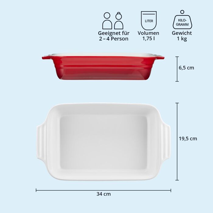 Форма для запікання KHG середнього розміру 34 см, 1,75 л, червона, для 3-4 осіб. Прямокутна керамічна форма для запікання з каменю, стійка до подряпин. Підходить для лазаньї, тірамісу та інших запечених страв. 1 шт. (34 см)