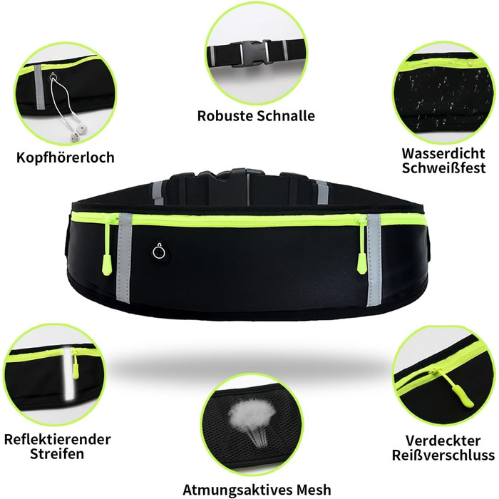 Пояс для бігу з водонепроникним регульованим гумовим ремінцем, піткостійкі кишені на стегнах великої місткості, ідеально підходить для бігу та активного відпочинку. Чорний