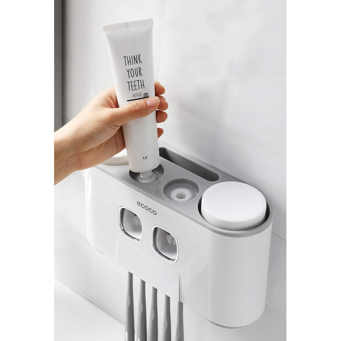 Автоматичний диспенсер зубної пасти та тримач для зубних щіток MHTECH (сірий) - комплект з 2 пресователями, 4 чашками та місцем для 5 щіток