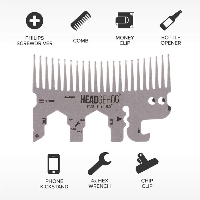 Hedgehog Pocket Comb, Multifunction Tool, Bottle Opener, Silver-Colored