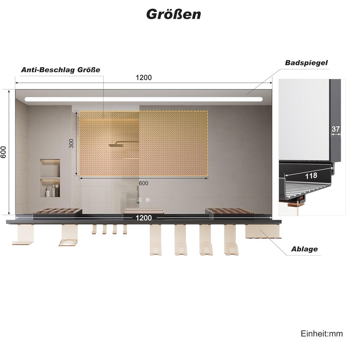 Дзеркало для ванної кімнати SONNI з підсвічуванням 60x40 см, LED, IP44, білий. Розміри: 120x60 см, темно-сірий + верхнє світло