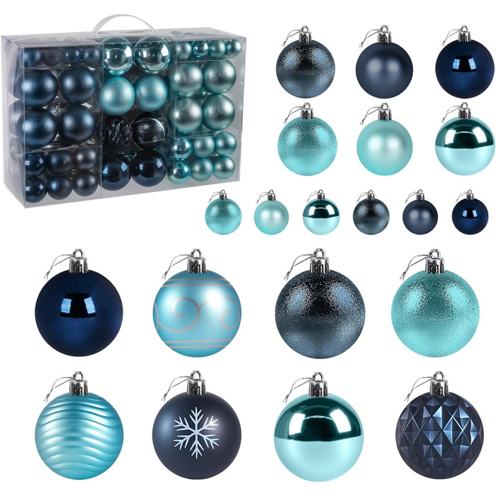 Набір прикрас для ялинки Agoer 100 шт. - блакитні кульки для ялинки з блискітками, пластикові, для декору ялинки на Новий Рік та Різдво