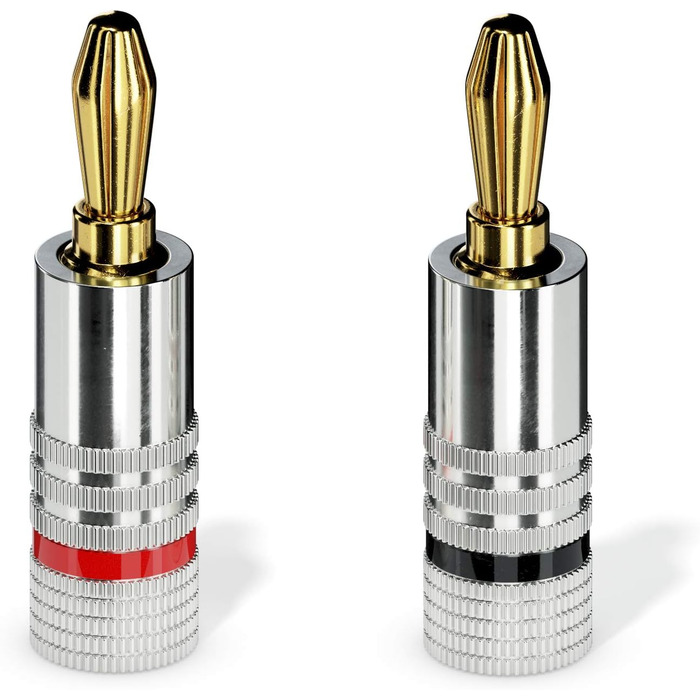 Бананові конектори Sonero® для акустичних кабелів до 6 мм², 4 шт. з кольоровим кодуванням (12x червоний, 12x чорний), 24K позолота (8 шт., High-End, Single)
