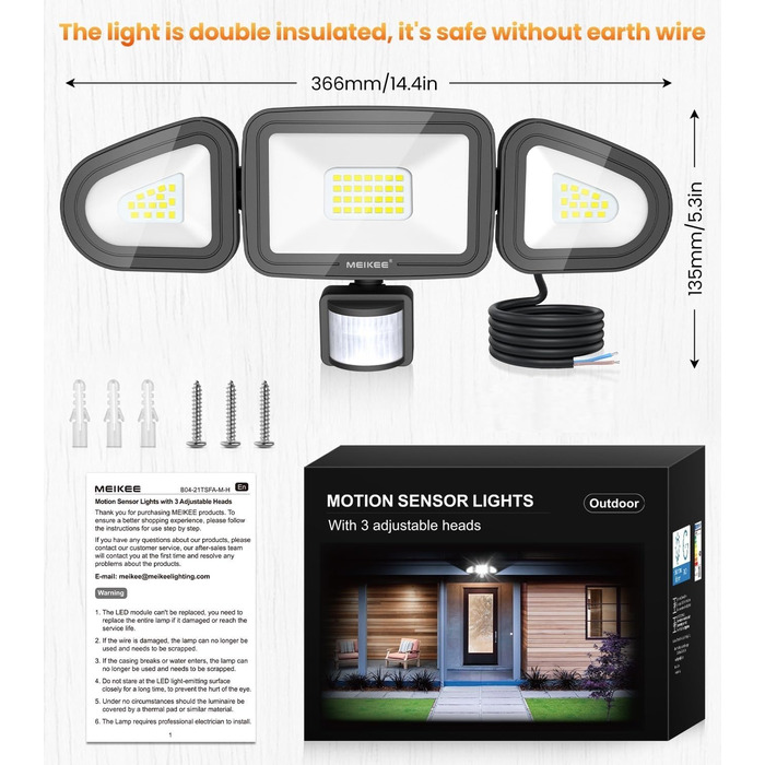 MEIKEE 42W LED Flood Light with Motion Sensor Outdoor 3600LM Outdoor Floodlight IP66 Waterproof LED Floodlight 6500K Three-Head 180° Adjustable Spotlight for Garage Garden Terrace Yard