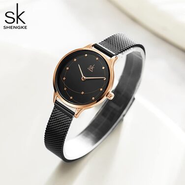 Жіночий наручний годинник SHENGKE, кварцовий, сталевий мілланський плетіння (Mesh), елегантний стиль, чорний