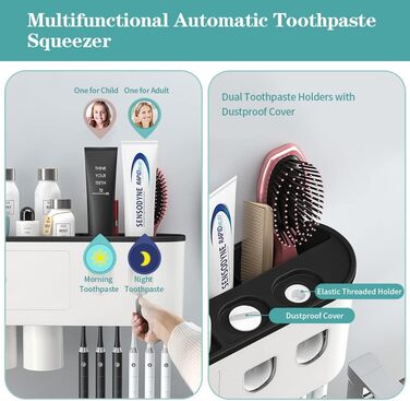 Wall-Mounted Toothbrush Holder with 2 Automatic Toothpaste Dispensers, 6 Toothbrush Slots, 3 Magnetic Cups, 1 Storage Drawer, and Large Storage Shelf