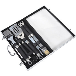 Набір гриль-посуду з нержавіючої сталі 11 предметів: гриль-кофр, аксесуари для барбекю, подарунок для гриля та приготування їжі (щітка, вилка, щипці, шампури, пензлик, лопатка)