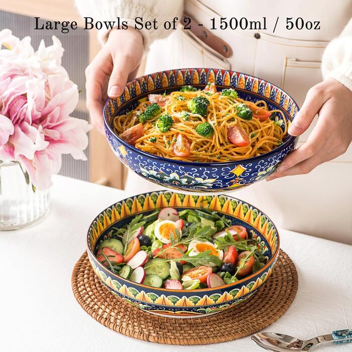 Набір тарілок Henten Home Mylo: 2 тарілки для супу та салатів, 1500 мл, бохо стиль (синьо-помаранчевий)