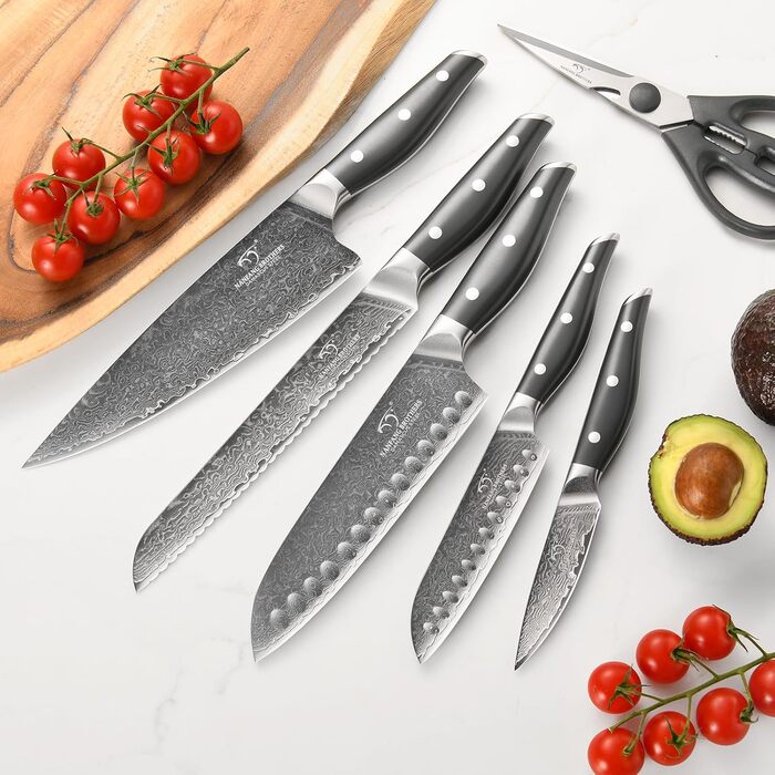 Набір кухонних ножів NANFANG BROTHERS Damascus 7 предметів з підставкою, нековзна ручка ABS, високоякісна нержавіюча сталь, ніж шеф-кухаря, хлібний ніж, ніж сантоку, ніж для очищення, ножиці