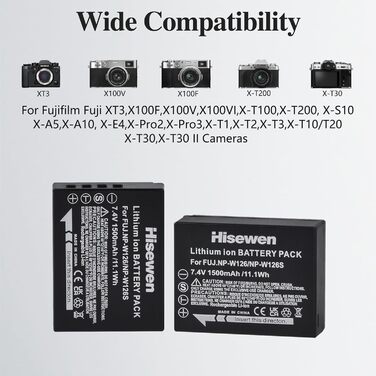 Акумулятор Hisewen NP-W126 (2 шт) та зарядний пристрій для Fujifilm X-серії (XT3, X100F, X100V, X100VI, X-T50, X-M5, X-T100, X-S10, X-A5, X-A10, X-E4, X-Pro2, X-Pro3, X-T1, X-T2, X-T3, X-T10, X-T30)