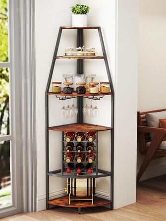 Стеллаж для вина Nisorpa на 12 пляшок, 5-ярусний кутовий, з тримачем для келихів, вінтажний коричнево-чорний