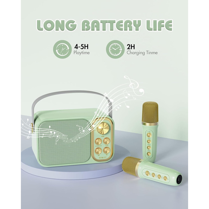 Караоке машина з 2 мікрофонами, портативна Bluetooth колонка для дітей та дорослих, 7 голосових ефектів, ідеально для вечірок та свят (зелена)