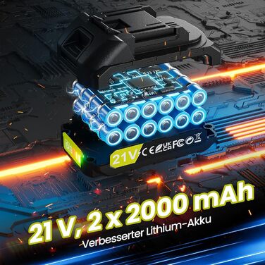 Акумуляторний дриль-шуруповерт 21V з 2 акумуляторами 2000mAh, 45Nm, 2 швидкості, 25+3 ступені крутного моменту, патрон 10мм, 27 предметний набір та кейс для дому та DIY