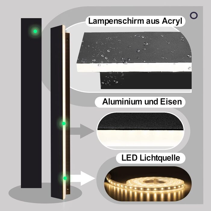 Long Villa Wall Light Black Waterproof IP65 Aluminum Acrylic Outdoor LED Wall Light for Gardens, Terraces, Bedrooms, Living Rooms, Indoor, 30cm/12w, Warm light