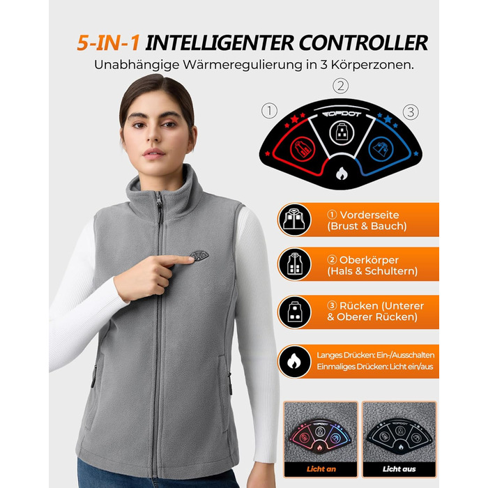 Обогреваемый жилет Topdot Daen Fleece с Powerbank 7.4V 16000mAh, 10 зон обігріву, 3 температурні режими, для катання на велосипеді, кемпінгу та outdoor-роботи (Сірий, L)