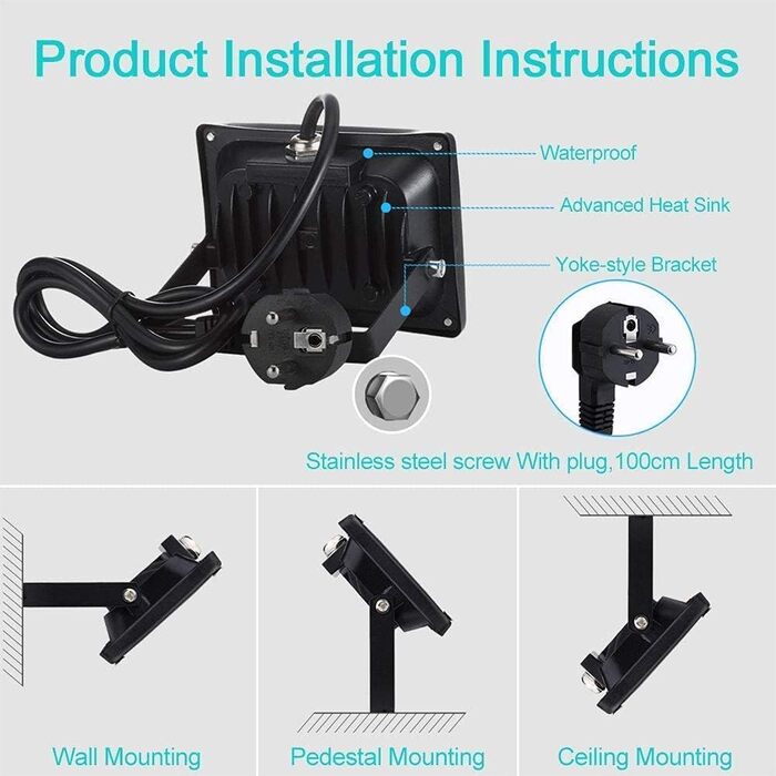 papasbox 100W LED Floodlight Spotlight, LED Floodlight Construction Light with Plug Waterproof IP65, 3000K Warm White, Ideal Wall Light Outdoor Lighting for Garden, Garage, Hotel