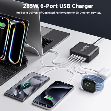 Зарядний пристрій USB-C GaN 285W, 6 портів: Швидка зарядка PD+QC для ноутбуків, MacBook, iPhone 16, Galaxy S23 та інших