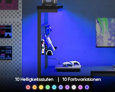 Ігровий стіл Coleshome з LED-підсвічуванням, 130 x 100 см. Реверсивний стіл з шухлядами та розетками, кутовий стіл з полицею та місцем для зберігання. Колір: вуглецеве волокно, чорний