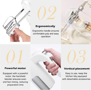 Ручний міксер Handmixer 400W з 5 швидкостями та турбо-функцією, з нержавіючої сталі, для кухні, білий