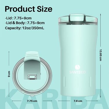 Термокружка SANTECO 350 мл з нержавіючої сталі 18/8, подвійні стінки, ізольована, з кришкою, не містить BPA, темно-зелена