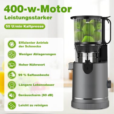Шнекова соковижималка Entsafter з XL-завантаженням 147 мм, 400 Вт, чаша 1.8 л, BPA-free, для цілих овочів та фруктів (2 склянки у комплекті)