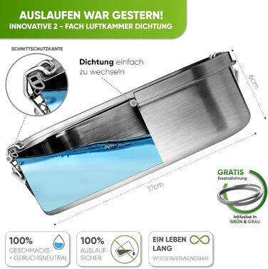 Premium Stainless Steel Lunch Box I 800ml I for Children, including 3 Compartments and Replacement Seal I The food container with 2 dividers is leak-proof I Small lunch box