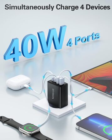 Мережевий адаптер USB C, 40W, 4 порти, швидка зарядка, універсальний зарядний пристрій для iPhone, iPad, Samsung та інших телефонів, білий/чорний (2 шт.)