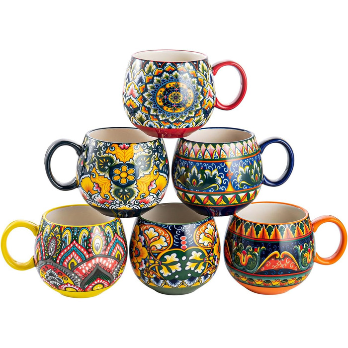 Набір чашок з порцеляни, керамічні чашки капучино/кружки - 600 мл, посуд для 6 осіб, набір чашок для кави - богемний стиль