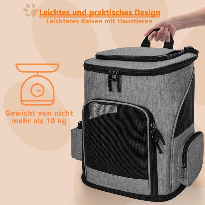 Рюкзак для собак, переноска для тварин, сірий, розширюваний, для собак маленьких порід, вантажопідйомність 10 кг