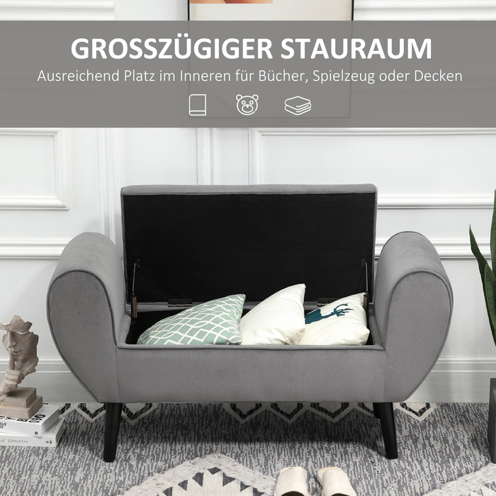 HOMCOM Bench Grey Modern Storage Chest Bench with Soft Polyester and Rubber Wood with Armrests 118x42x66cm for Entryway and Living Room