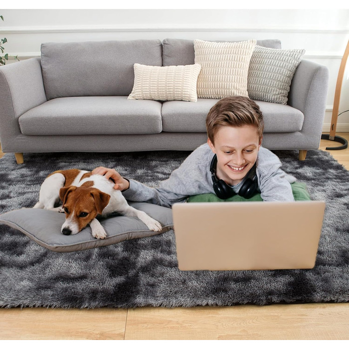 QUINZI М'який килим 160x230 см, високий ворс, сучасний, плюшевий, для спальні, вітальні, дитячої кімнати, з бахромою, нековзний, темно-сірий