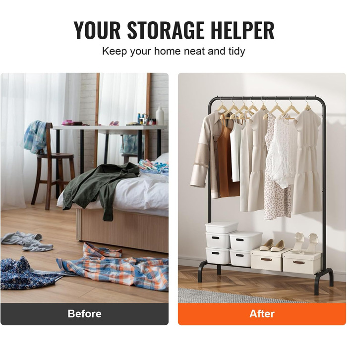 VEVOR Clothes Rack Wardrobe Rack 1 Clothes Rod, Durable Clothes Rack Black 400 x 1010 x 1510 mm Clothes Rack for Bedroom, Laundry Room, Dressing Room, Entrance, etc.