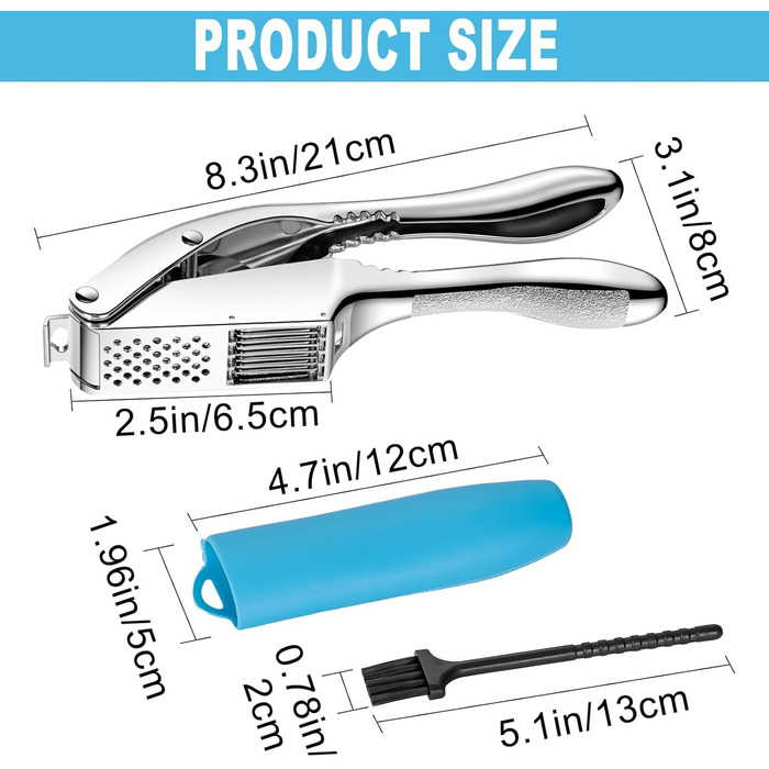 Прес для часнику з нержавіючої сталі 2 в 1 з очищувачем та щіткою, для миття в посудомийній машині
