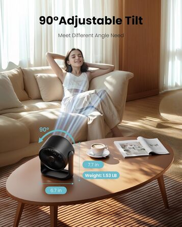 Настільний вентилятор Gaiatop з сенсорним керуванням, акумулятор 4000 мАг, 5 швидкостей, тихий міні-вентилятор з LED-дисплеєм, кут нахилу 90°, заряджається через USB-C, для офісу, спальні, дому, чорний