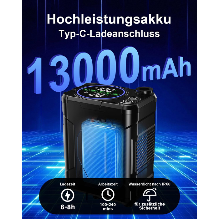 Портативний душ для кемпінгу Spopal 13000 mAh, водонепроникний IPX8, з цифровим дисплеєм та функцією паузи, для подорожей, піших прогулянок, миття авто (Чорний)