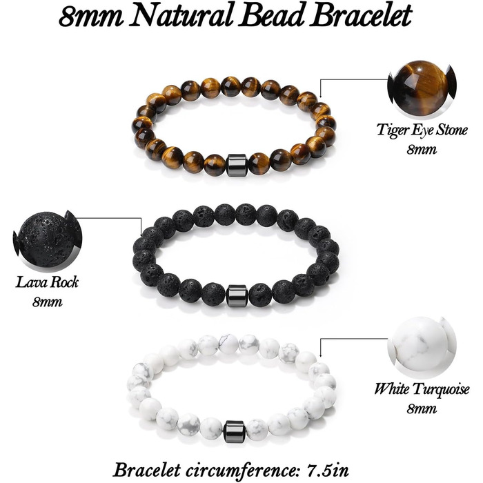 Чоловічі браслети з натурального каміння: тигрове око, лава, чорний онікс, бірюза. Набір 3-4 шт.
