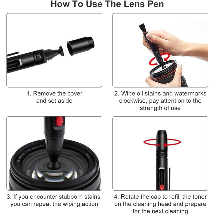 Набір для чищення камери 20-в-1: об'єктиви, фільтри, смартфони. Комплектація: стік, щітка, повітряний дмухник, мікрофібра.