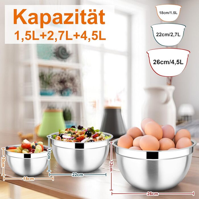 Набір мисок Joyfair 3 шт. з нержавіючої сталі з кришками, 4.5L/2.7L/1.5L - для змішування, сервірування, приготування їжі, сумісні з посудомийною машиною