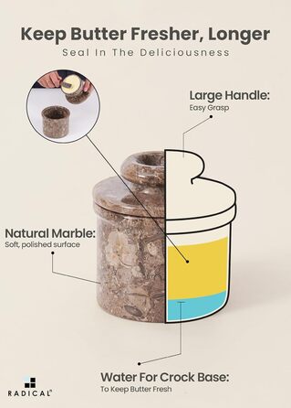 Butterhalter handcrafted marble butter crock for the kitchen - as a utensil holder and for cold cheese, Grey Oceanic