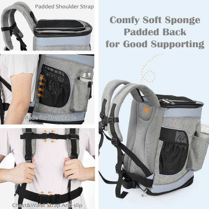 Рюкзак для тварин Kritter Planet з сітчастими вікнами, дихаючий та складаний, для собак та котів, знімний килимок, для походів, велосипеда, активного відпочинку, 7 кг, світло-сірий