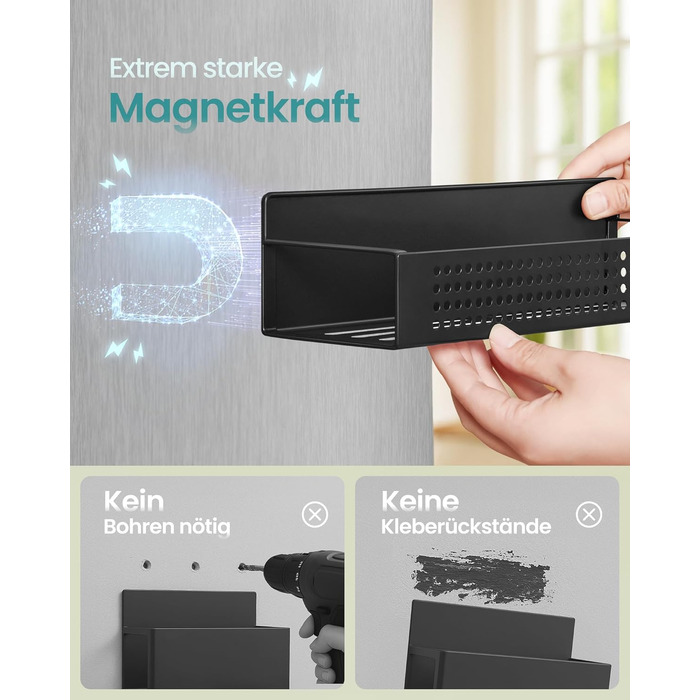 SONGMICS Магнітна полиця для спецій, 4 шт. (2 великі, 2 маленькі), без свердління, для кухні, холодильника, мікрохвильової печі, пральної машини, чорний, сталь