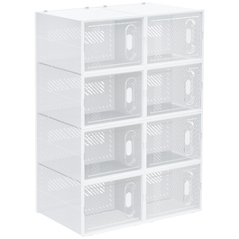 HOMCOM 8-Piece Shoe Boxes, Shoe Organizer with Magnetic Doors, Shoe Box with Lid, Plastic Shoe Storage, for Shoes up to Size 45, Transparent+White | Aosom
