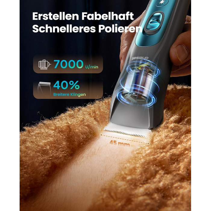 Машинка для стрижки собак та котів oneisall 2-в-1 з тримером для подушок, LED-підсвічуванням, тиха, акумулятор 2000 mAh, для густого та кучерявого хутра, синього кольору