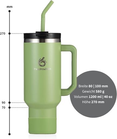 Термокружка Hydro2Go з трубочкою – BPA-free, придатна для миття в посудомийній машині, 10 год гаряче/12 год холодне, для приготування напоїв на винос (Green Tea, 1200 мл)