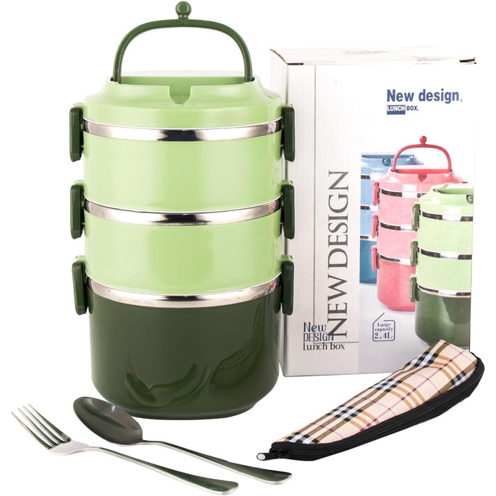 SANQIAHOME 3-Tier Stackable Stainless Steel Lunchbox, Leak-Proof, Green