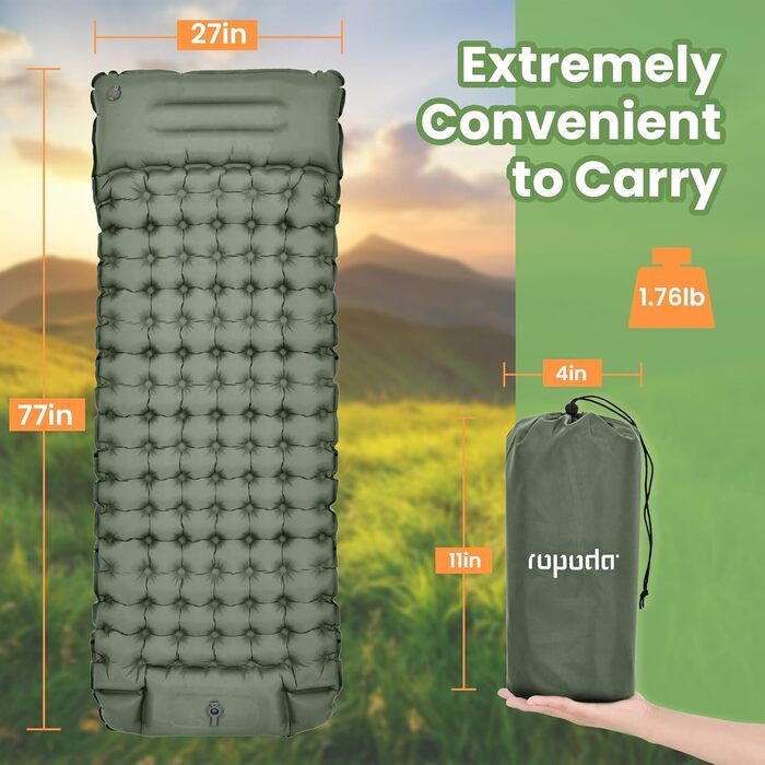 ROPODA Self-Inflating Camping Mat with Pillow & Foot Pump - Ultralight Waterproof Sleeping Pad for Outdoor, Camping, Hiking (Green & Gray)