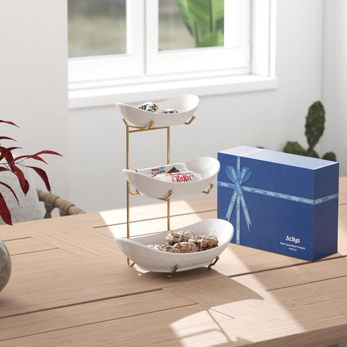 Трьох'ярусна фруктова тарілка Acliys з кераміки (золото) – для зберігання фруктів, овочів, снеків та десертів