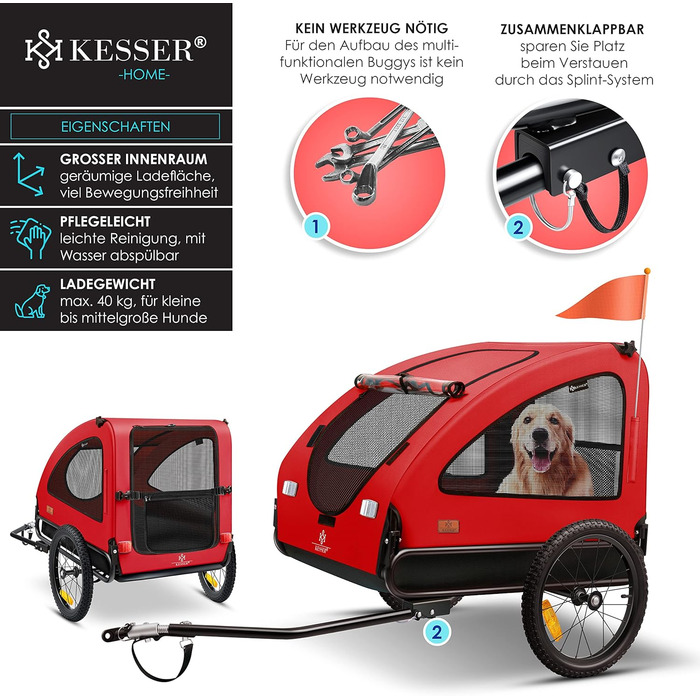 KESSER® Переноска для собак Боксер 2-в-1: візок та велосипедний причіп - велика (250л), з прапорцем та сумкою - 600D Oxford Canvas, складана SmartSpace, до 45кг (червоний/чорний)